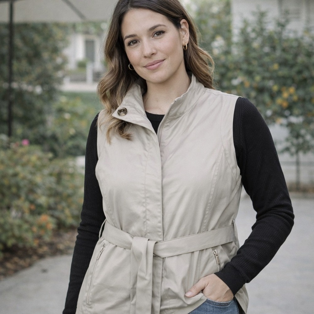 Lafayette 148 New York Belted Sleeveless Jacket Womens M Beige‎ Alpaca Wool